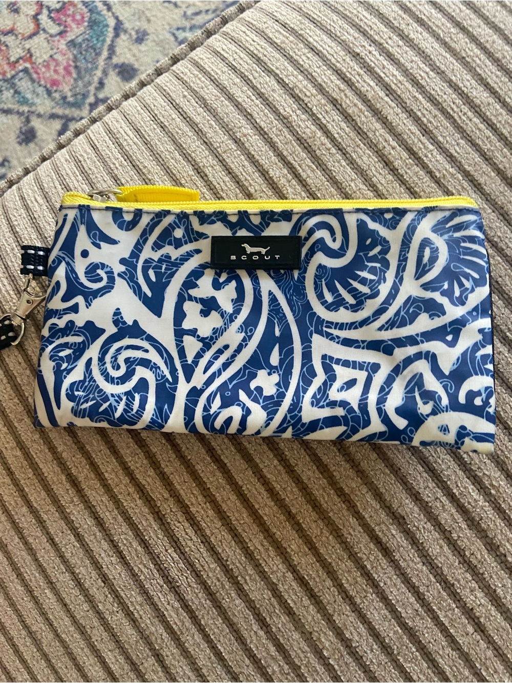 Scout Blue and White Paisley Zip Pouch with Yellow Trim